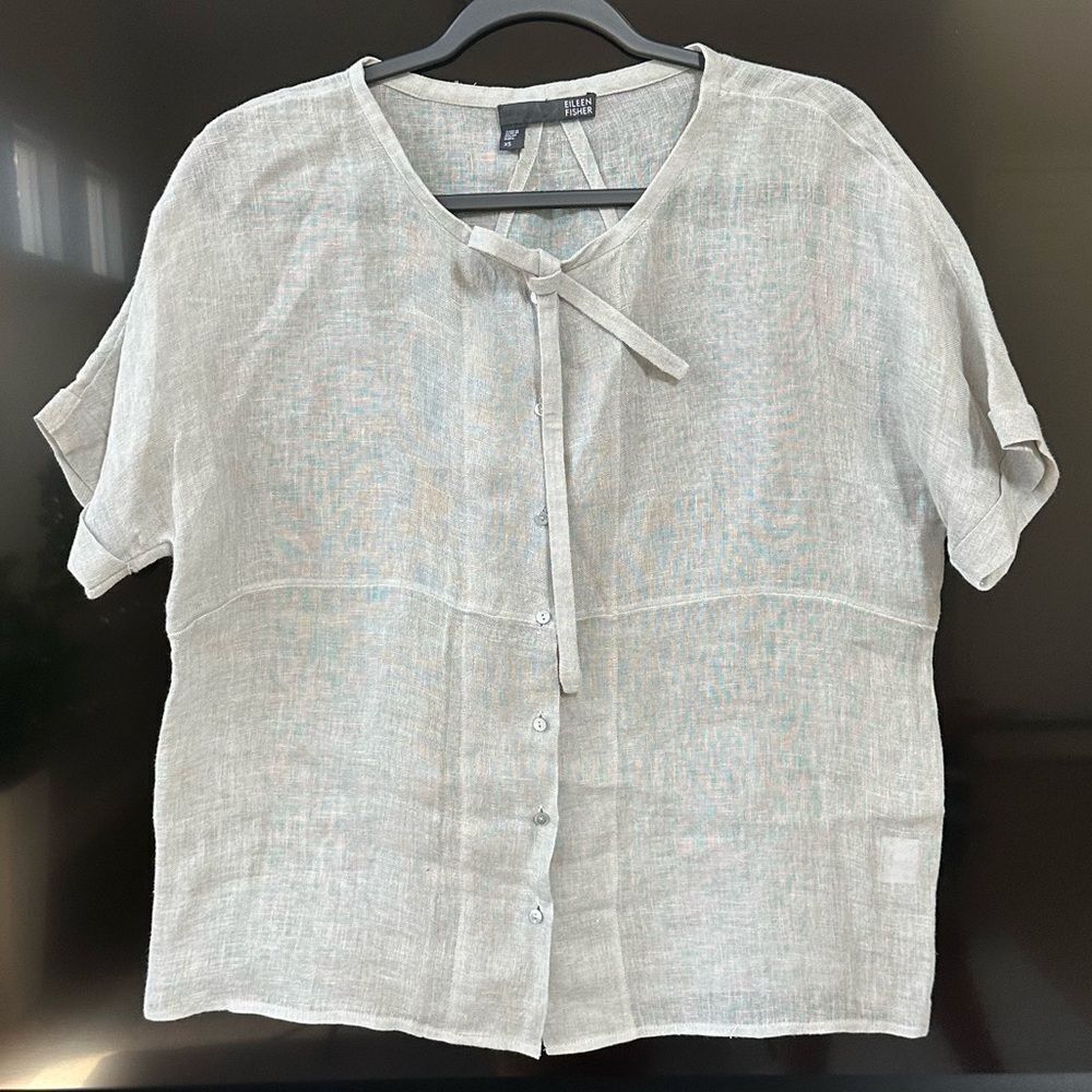 Eileen Fisher Irish Linen Abolone  Tie Sheer Light Blue, Size XS